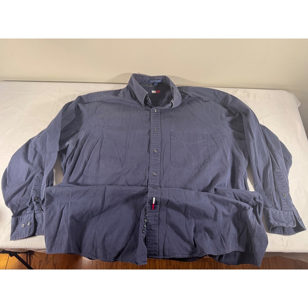 VTG 90s/Y2K Tommy Hilfiger Mens Navy Blue Button Down Shirt Long Sleeve 17 32-33
